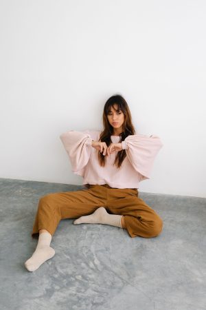 the Lara Top in Dusty Pink and the Mia Pants in Chocolate by the Bare Road