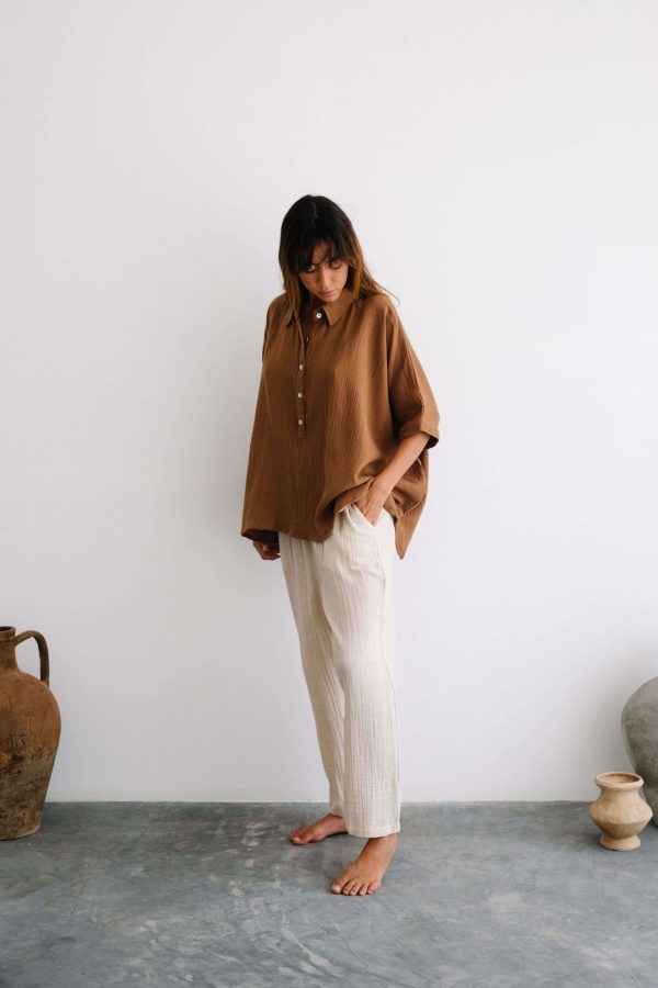 the Mia Pants in Bone and the Paige Shirt in Chocolate by the Bare Road