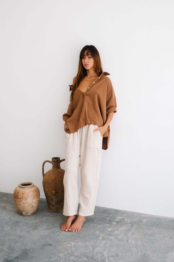 the Mia Pants in Bone and the Paige Shirt in Chocolate by the Bare Road