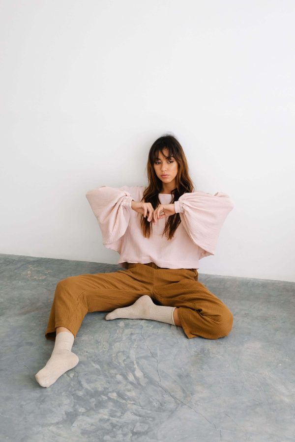 the Mia Pants in Chocolate paired with the Lara Top in Dusty Pink by the Bare Road