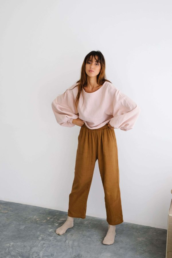 the Mia Pants in Chocolate paired with the Lara Top in Dusty Pink by the Bare Road