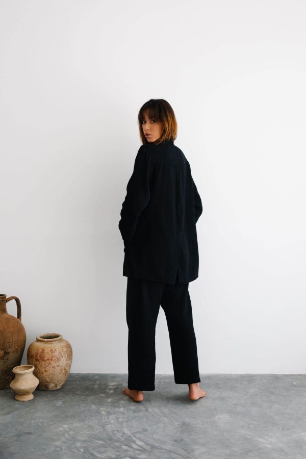 the Nadia Pants in Black paired with the Adley Coat by the Bare Road