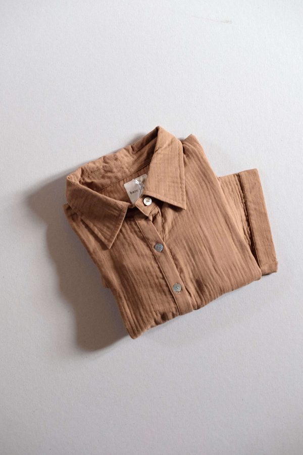 the Paige Shirt in Chocolate by the brand The Bare Road