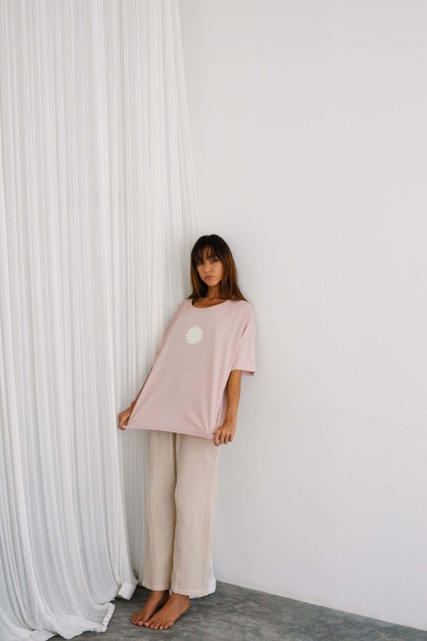 the Sunny Hemp Tee in dusty pink paired with the Mia Pants in Bone by The Bare Road