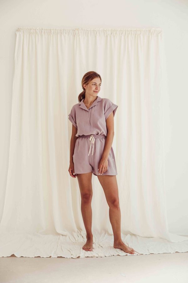 the organic cotton Tudor Shorts in Lavender paired with the matching Mateo Shirt by the brand LiiLU