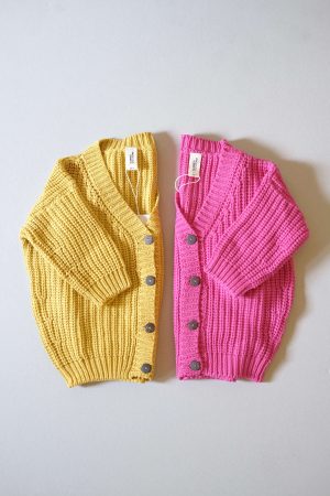 the Chunky Knitted Cardigan in Yellow & Bubble Gum Pink by the brand Summer and Storm