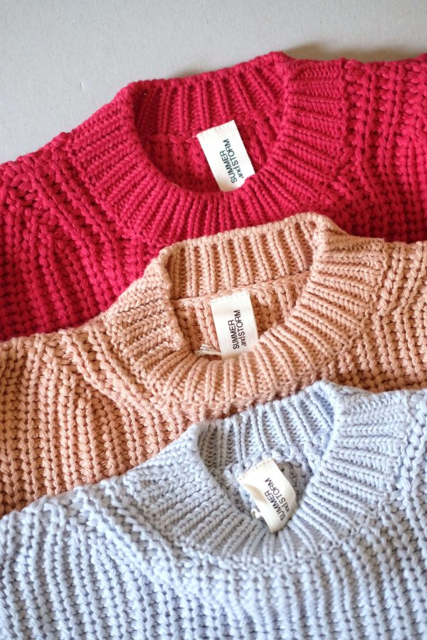 the Chunky Knitted Pullover in Red, Coral & Powder Blue by the brand Summer and Storm