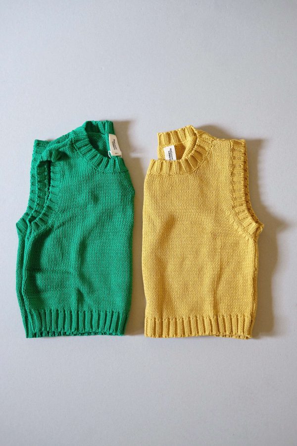 the oversized knitted vest in Emerald Green & Yellow by the brand Summer and Storm