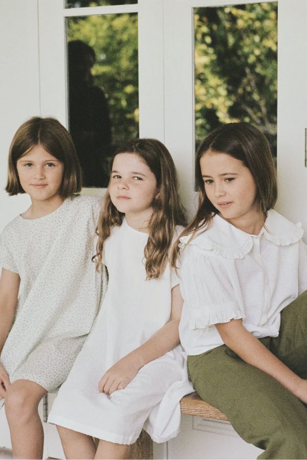 the Field Dress in White Cotton & Forget Me Not, the Honey Blouse & the Molly Trousers by the brand Daughter, curated by Morsel Store