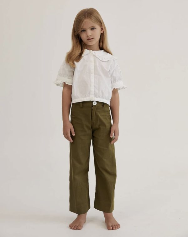 the Honey Blouse in White & the Molly Trousers in Olive by the brand Daughter, curated by Morsel Store