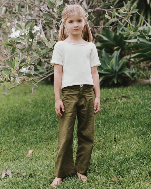 the Molly Trousers in Olive & Joni Tee in Natural by the brand Daughter, curated by Morsel Store