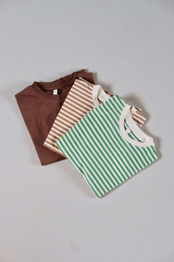 the oversized tee in Green Stripe, Brown Stripe & Coco by the Australian brand Summer and Storm, curated by Morsel Store