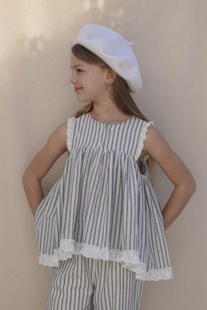 the Bijou Top in cotton French Navy Stripe by the brand House of Paloma, curated by Morsel Store