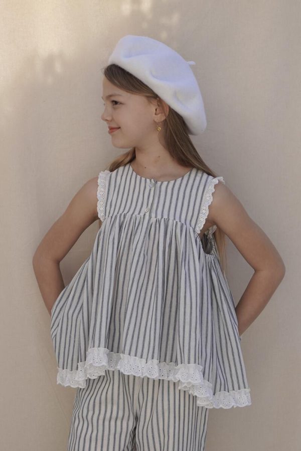 the Bijou Top in cotton French Navy Stripe by the brand House of Paloma, curated by Morsel Store