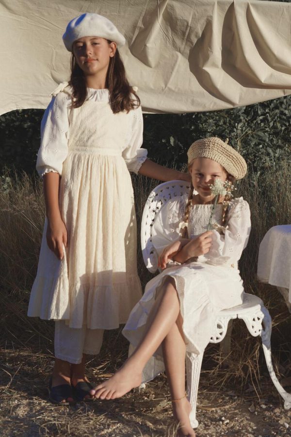 the Fiona Pinafore Dress in Creme Broderie by the brand House of Paloma, curated by Morsel Store