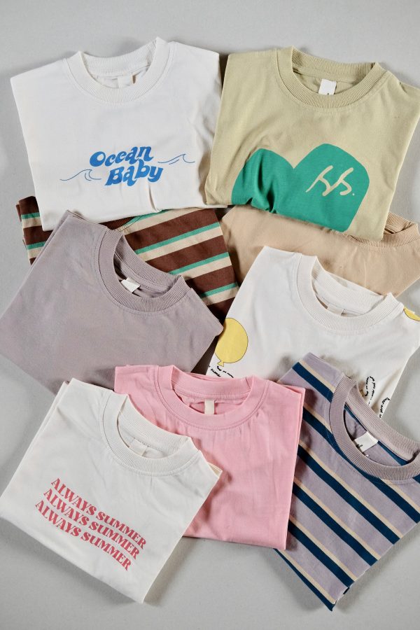 Oversized Tees in Ocean Baby, SS Green Heart, Brown Retro Stripe, Ginger, Mushroom, Balloons, Always Summer, Bubblegum Pink and Mauve Retro Stripe by the brand Summer and Storm, curated by Morsel Store