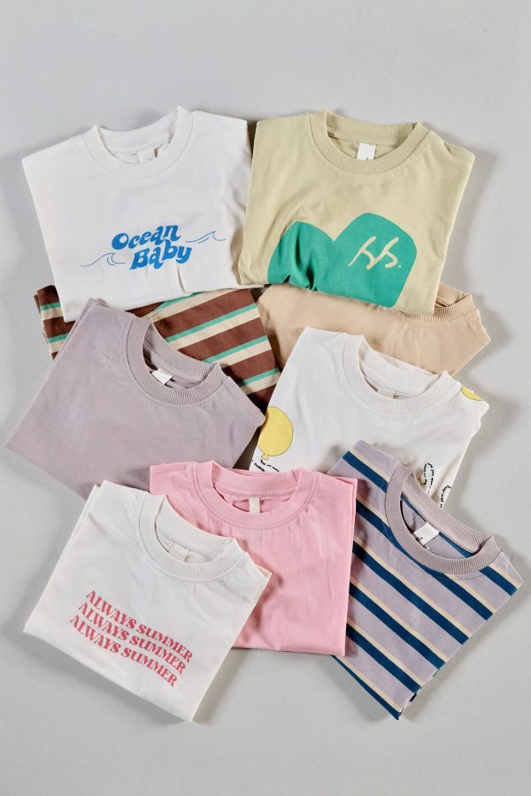 Oversized Tees in Ocean Baby, SS Green Heart, Brown Retro Stripe, Ginger, Mushroom, Balloons, Always Summer, Bubblegum Pink and Mauve Retro Stripe by the brand Summer and Storm, curated by Morsel Store