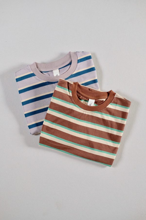 the Oversized Tee in Brown Retro Stripe & Mauve Retro Stripe by the brand Summer and Storm, curated by Morsel Store