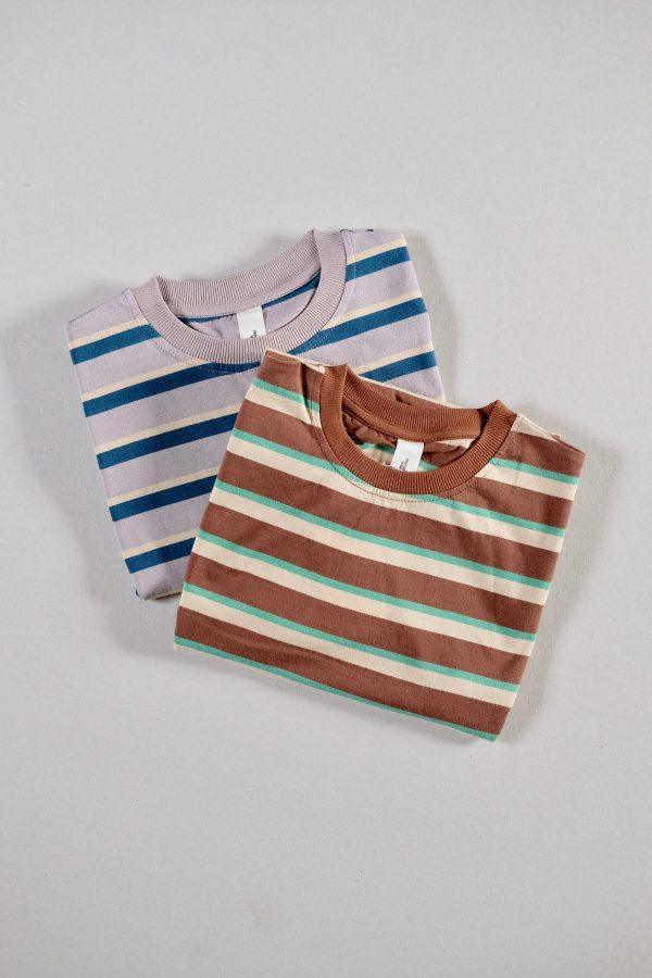 the Oversized Tee in Mauve Retro Stripe & Brown Retro Stripe by the brand Summer and Storm, curated by Morsel Store