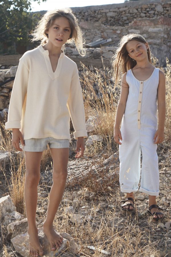 boy wearing the Jule Tunic and the Jean Michel Short in cotton Olive Parasol fabric by the Australian brand House of Paloma, curated by Morsel Store
