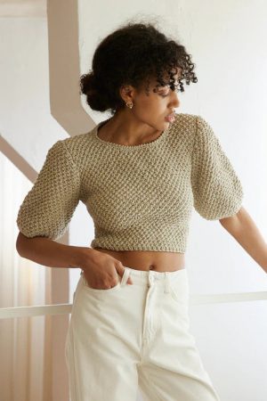 the hand knitted Lake Galve Top in Natural by the brand The Knotty Ones, curated by Morsel Store