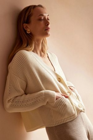 the merino wool Preila Cardigan in Sea Salt by the brand The Knotty Ones, curated by Morsel Store