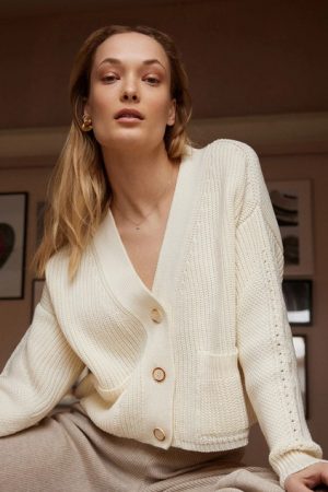 the merino wool Preila Cardigan in Sea Salt by the brand The Knotty Ones, curated by Morsel Store