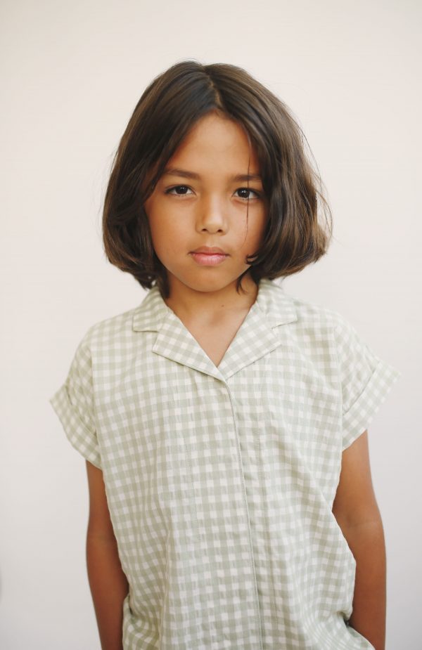 boy wearing the Mateo Shirt in Tea organic cotton by the sustainable brand LiiLU, curated by Morsel Store, located on Mallorca