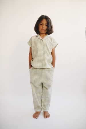 boy wearing the Mateo Shirt in Tea organic cotton paired with the matching Remy Pant by the sustainable brand LiiLU, curated by Morsel Store, located on Mallorca