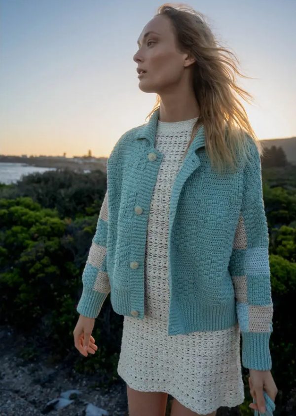 woman wearing the cotton Prietema Crochet Jacket in Fantasy Dew & Vasara Dress by the sustainable brand The Knotty Ones, curated by Morsel Store