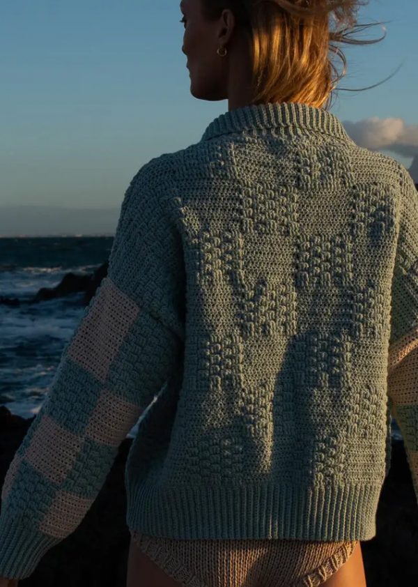 woman wearing the cotton Prietema Crochet Jacket in Fantasy Dew by the sustainable brand The Knotty Ones, curated by Morsel Store