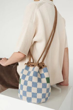 the Menulis handmade crochet bucket bag in Fantasy Blue by The Knotty Ones on morsel-store.com