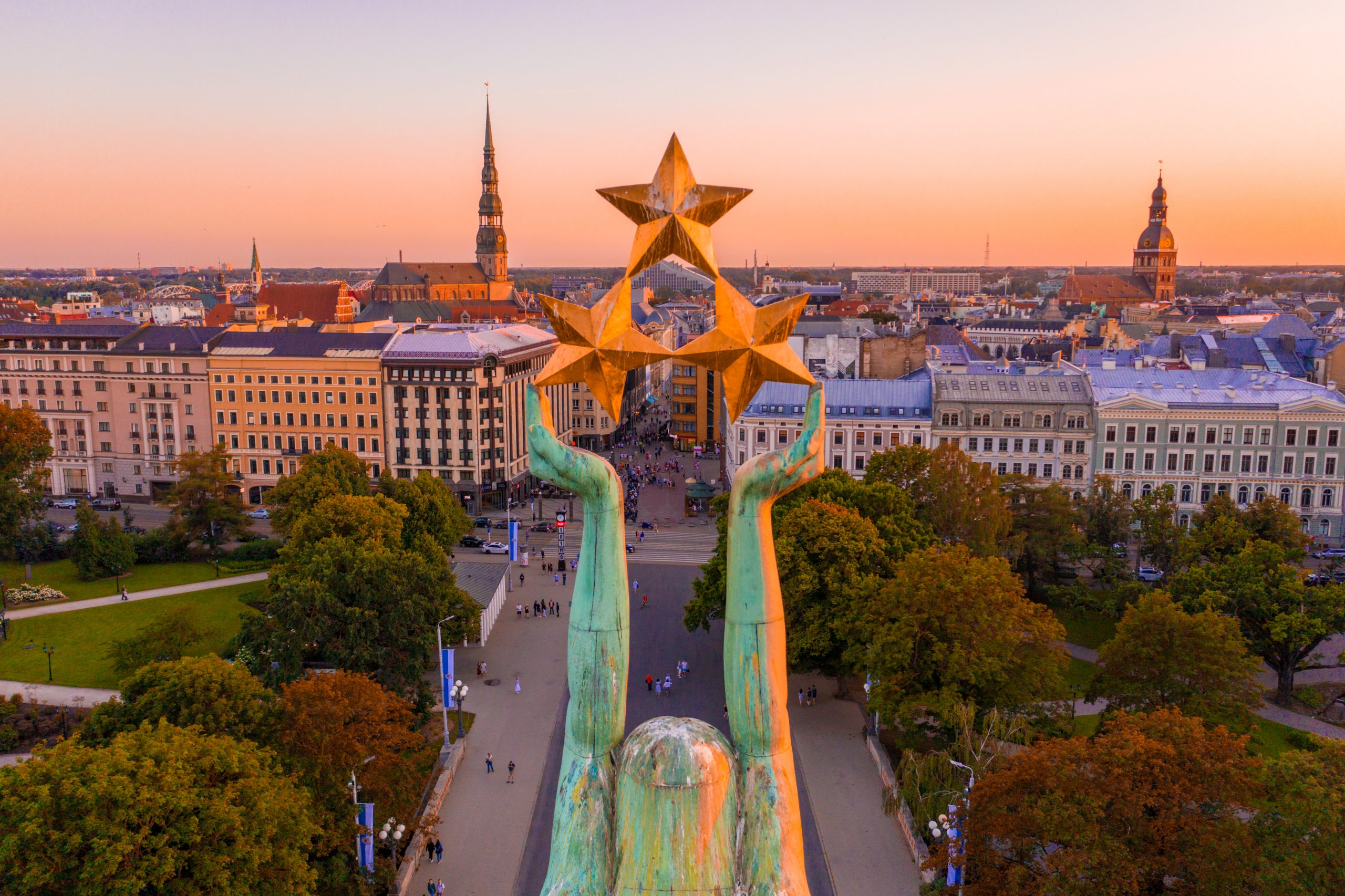 Amazing Aerial View of the Statue of Liberty Milda in Riga, Latv