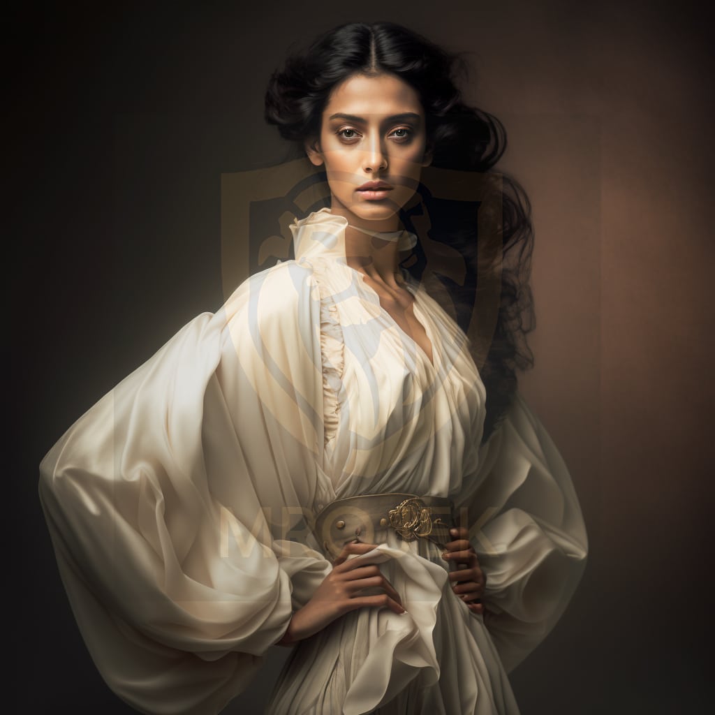 A Fashion portrait generated with Midjourney. A Woman with curly brown hair, wearing a white dress, staring magnetisingly at the viewer