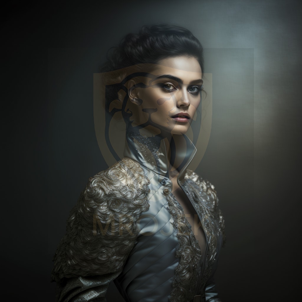 A Fashion portrait generated with Midjourney. A Woman wearing a grey baroque like dress with lovely details, staring produly and magnetisingly at the viewer