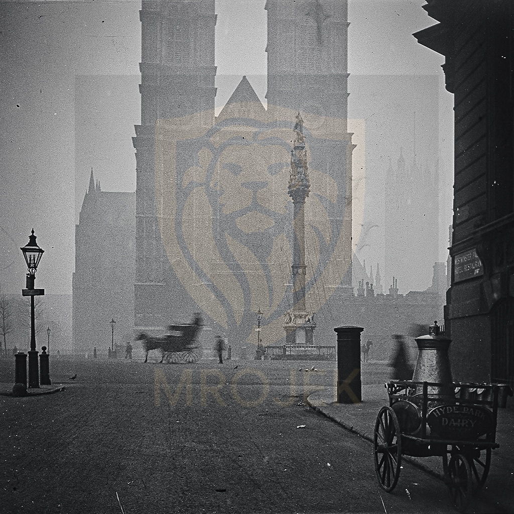 View on Westminster Abbey during a foggy day in London taken around 1910