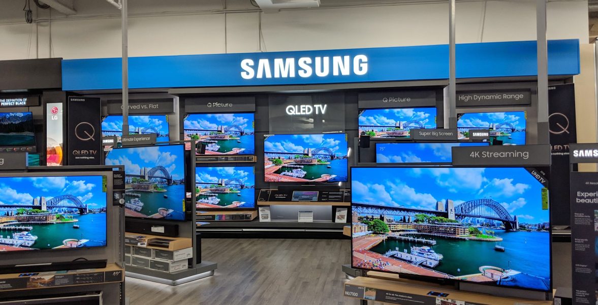 Fox Hills, Culver City, California -  October 25, 2018:  Samsung Logo and QLED TV inside Best Buy Store.  Samsung is a South Korean multinational conglomerate headquartered in Samsung Town, Seoul. It comprises numerous affiliated businesses, most of them united under the Samsung brand, and is the largest South Korean chaebol.