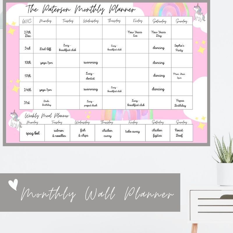 Wipeable Monthly Personalised Wall Planner , Pink Unicorn Design, with writing