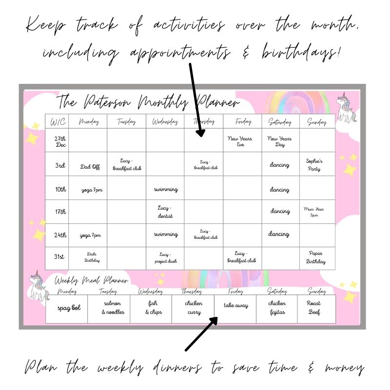 Wipeable Monthly Personalised Wall Planner , Pink Unicorn Design, personalised