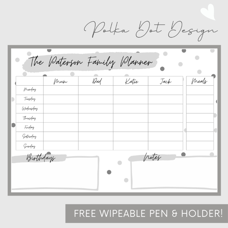 Wipeable Weekly Wall Planner , Grey Polka Dot Design