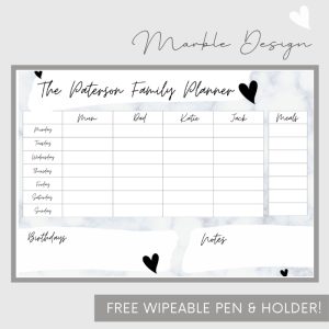 Wipeable Weekly Wall Planner, Grey Marble Design