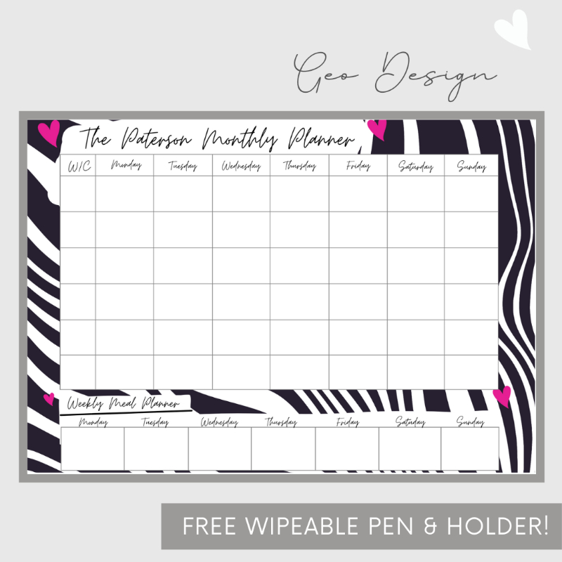 Wipeable Monthly Personalised Wall Planner , Pink & Black Geo Design