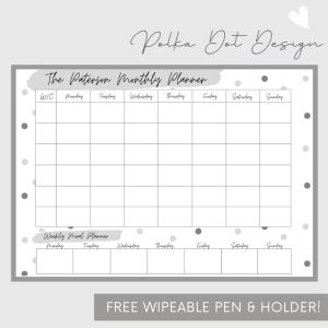 Wipeable Monthly Personalised Wall Planner ,Grey Polka Dot Design