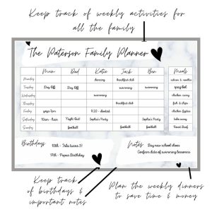 Wipeable Weekly Wall Planner, Grey Marble Design, with Handwriting