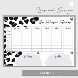 Wipeable Weekly Wall Planner, Black Leopard Design, Family of 5