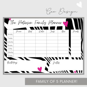 Wipeable Weekly Wall Planner, Black & Pink Geo Design, Family of 5