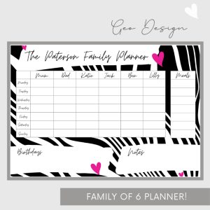 Wipeable Weekly Wall Planner, Black & Pink Geo Design, Family of 6