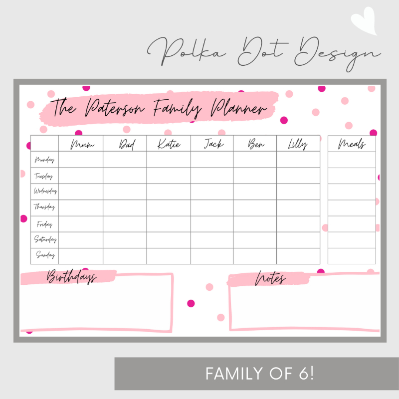 Wipeable Weekly Wall Planner , Pink Polka Dot Design, Family of 6