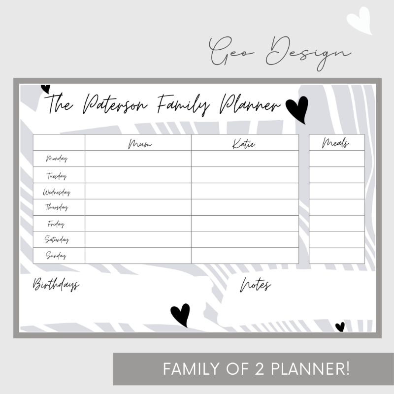 Wipeable Weekly Wall Planner, Grey Geo Design, Family of 2