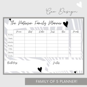 Wipeable Weekly Wall Planner, Grey Geo Design, Family of 5